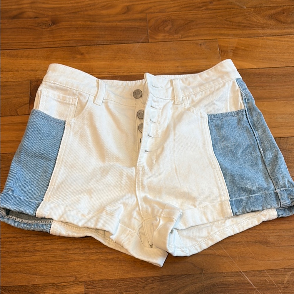 PacSun White and Blue Jean Shorts with Color-Block Design